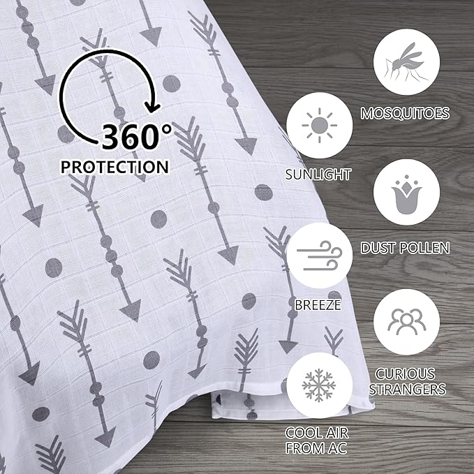 Rquite Car Seat Covers for Babies, 100% Muslin Carseat Cover Boys Girls, Lightweight Infant Car Seat Canopy, Soft Breathable Baby Carrier Cover, Summer Stroller Cover (Grey Arrow)-BubblyBeeBaby