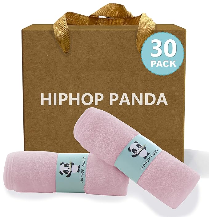 HIPHOP PANDA Baby Washcloths, Rayon Made from Bamboo - 2 Layer Ultra Soft Absorbent Newborn Bath Face Towel - Reusable Baby Wipes for Delicate Skin - Pink, 30 Pack-BubblyBeeBaby