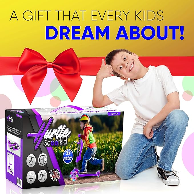 Hurtle 3-Wheeled Scooter for Kids - Wheel LED Lights, Adjustable Lean-to-Steer Handlebar, and Foldable Seat - Sit or Stand Ride with Brake for Boys and Girls Ages 1-14 Years Old-BubblyBeeBaby
