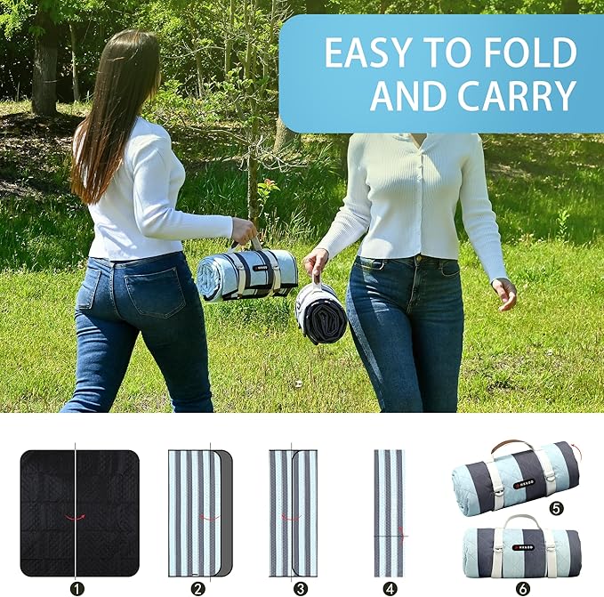 HX&OD Outdoor Picnic Blanket Extra Large, 80''*60'' Waterproof Picnic Mat with Stakes Foldable Camping Blanket Portable with Carry Strap for Beach Mat (Green& White, 80''*60'')-BubblyBeeBaby