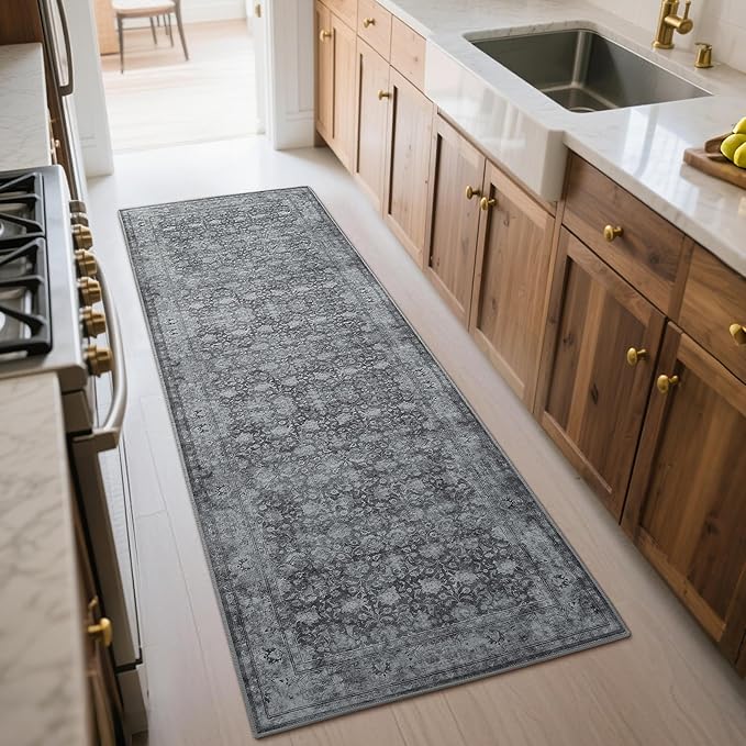 2'6"x8' Washable Runner Rug for Hallway, Non Slip Vintage Floral Long Carpet Runners for Entryway, Kitchen, Bathroom, Bedroom, Low Pile Laundry Rugs with Rubber Backing (Distressed Grey)-BubblyBeeBaby
