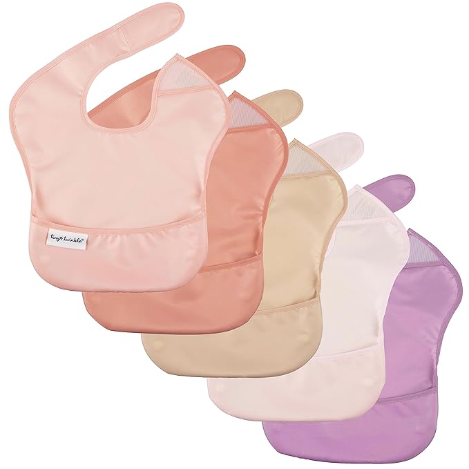 Tiny Twinkle Mess Proof Baby Bibs for Eating - Waterproof, Wipeable Bibs - Toddler Bibs - Travel Friendly - PFAS, PVC, BPA, Phthalate Free - Baby Food Bibs(5 Pack, Girl Spring)-BubblyBeeBaby