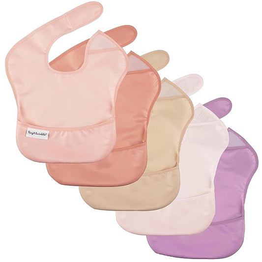 Tiny Twinkle Mess Proof Baby Bibs for Eating - Waterproof, Wipeable Bibs - Toddler Bibs - Travel Friendly - PFAS, PVC, BPA, Phthalate Free - Baby Food Bibs(5 Pack, Girl Spring)-BubblyBeeBaby