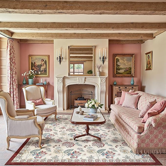 jinchan 8x10 Floral Rug for Living Room Washable Bedroom Rug Vintage Romance Design Non Slip Thin Indoor Floor Cover Large Low-Profile Throw Carpet for Dining Room Office, Red/Beige-BubblyBeeBaby