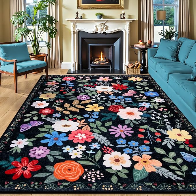 10x12 Area Rugs for Living Room: Floral Washable Rug Vintage Large Soft Boho Non-Slip Carpet Stain Resistant Low Pile Carpets for Bedroom Dining Room Farmhouse Nursery Hallway Home Office Black-BubblyBeeBaby