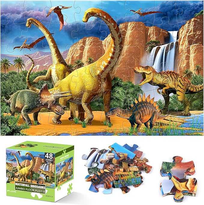 Jumbo Floor Puzzle for Kids,48 Piece Waterfall Dinosaur Large Jigsaw Puzzles, Fun Preschool Educational Toy for Toddlers Ages 3-5,Gift for Boy Girl Ages 4-8-BubblyBeeBaby