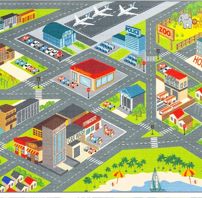 KC Cubs 5x7 City Streets Car Road Rug – Educational Non-Slip Play Mat for Kids, Toddlers, Nursery, Classroom, Playroom, Baby Daycare, Boy Girl Carpet-BubblyBeeBaby