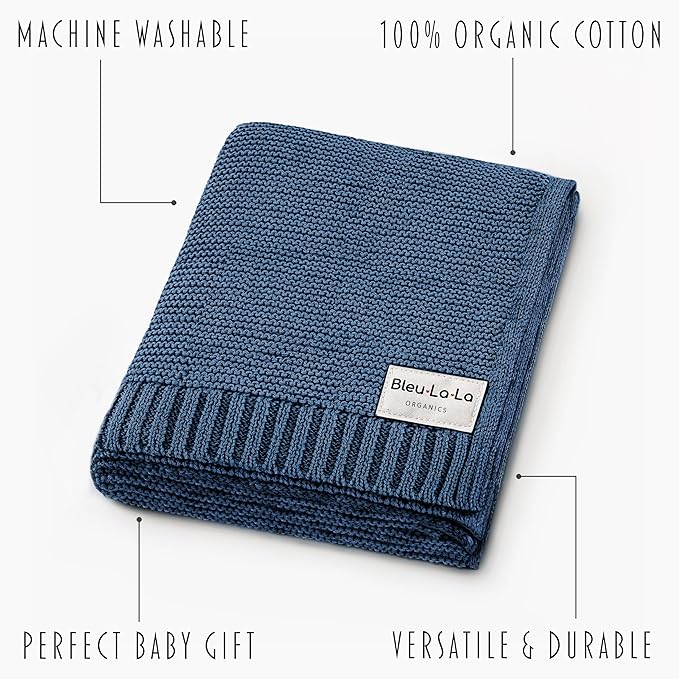 Heritage Knit Organic Cotton Receiving Swaddle Blanket for Boys - 100% Organic Soft Luxury Cotton Warm Cuddle Swaddling Crib Blanket for Newborns Infants Toddler (0-2Yrs - Denim Blue)-BubblyBeeBaby