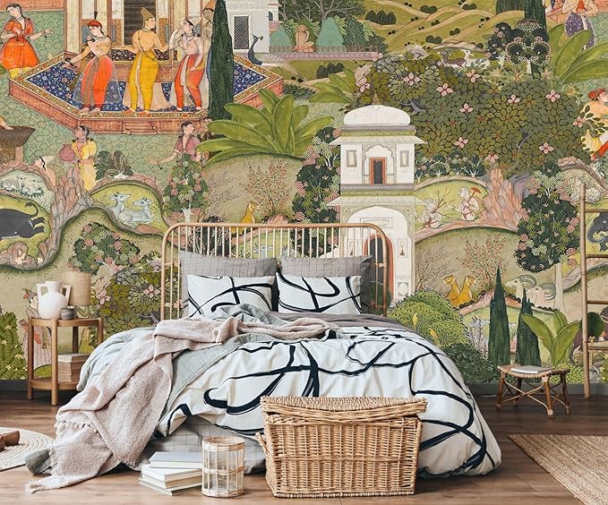 Indian Lush Jaipur Garden Wallpaper Mural Vibrant Green Wallpaper for Bedroom Living Room TV Sofa Background Large Art Wall Mural(Not Self-Adhesive)-BubblyBeeBaby