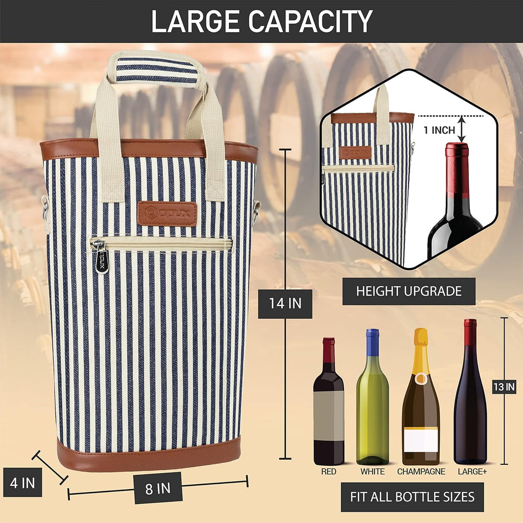 opux Two Bottle Wine Bag Carrier Tote, Insulated Leakproof 2 Bottle Wine Cooler Bag for Travel BYOB Picnic, Portable Wine Case, Gift for Men Women Wine Lover Birthday Party Christmas, Navy Stripes
