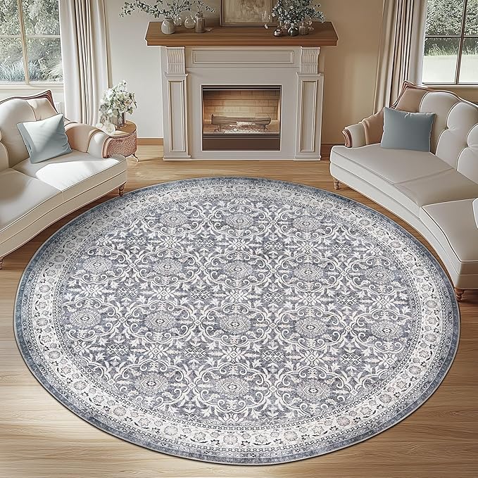 jinchan Round Rug 8ft Washable Circle Soft Rug - Low Pile Vintage 8'Round Indoor Grey Floral Print Stain Resistant Boho Carpet Ultra-Thin Non-Slip for Living Room Bedroom Dining Room Kitchen-BubblyBeeBaby