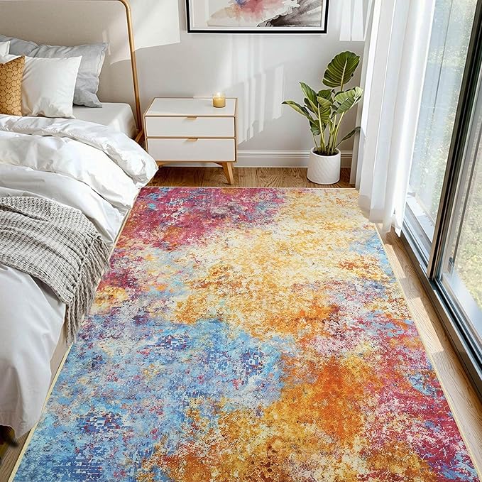 Kelarea Living Room Rug, 4x6 Modern Abstract Washable Rugs, Colorful Soft Non Slip Low Pile Carpet, Stain Resistant Rugs for Bedroom, Dining Room, Nursery, Home Office-BubblyBeeBaby