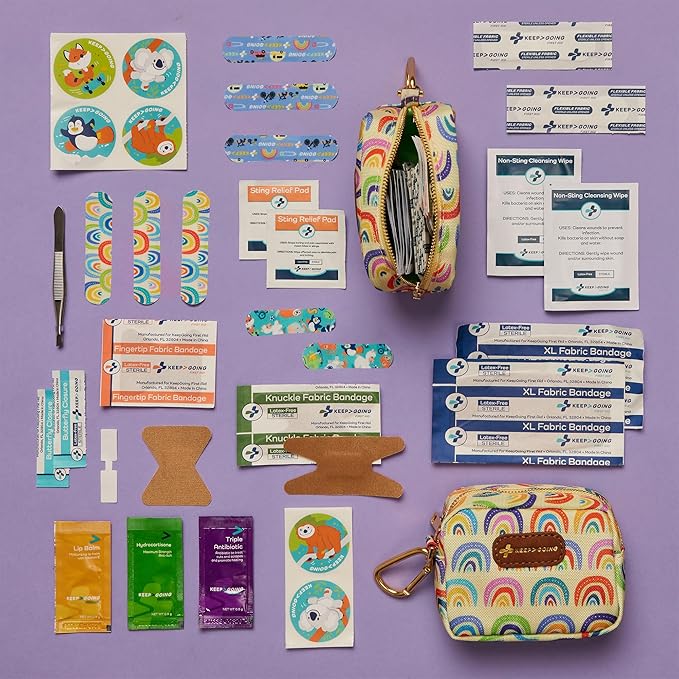 KeepGoing Small Travel First Aid Kit Kids – 60 Pc. Mini First Aid Kit for Purse, Diaper Bag, & Backpack with Latex-Free Bandages – 4 Oz., & 4.5 x 3.5 x 2 in, TSA-Approved-BubblyBeeBaby