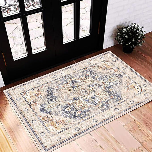 2'x3' Blue Khaki Area Rug Washable Door Mat Vintage Distressed Doormat Indoor Entrance Traditional Thin Floral Print Non Slip Carpet for Kitchen Bathroom Bedroom Living Room-BubblyBeeBaby