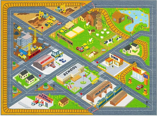 KC Cubs 3x5 Country Farm Construction Car Road Street Rug – Educational Carpet Play Mat for Kids, Toddlers, Nursery, Classroom, Playroom, Baby Daycare-BubblyBeeBaby