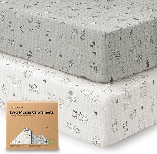 KeaBabies 2-Pack Muslin Crib Sheets for Boys, Girls - 100% Organic Cotton Fitted Baby Crib Mattress Sheet, Soft Breathable Standard Toddler Bed Cover Bedding Set, Neutral, Durable 52x28 (Woodland)-BubblyBeeBaby