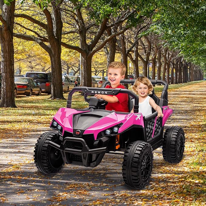 24V 2 Seater Ride On Car Truck, Power Wheels Kids UTV w/Parent Remote Control, 3.1 MPH Max Speed, Music Player, LED Lights & Storage, Electric Vehicle Ride On Toy for Kids Toddler Ages 3-8, Pink-BubblyBeeBaby