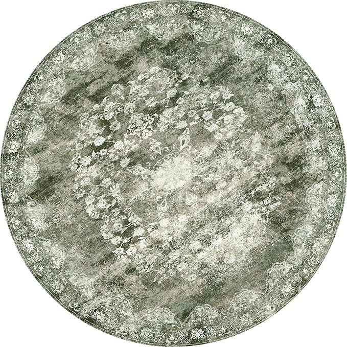 jinchan Round Rug 6ft Area Rug - Green Vintage Floor Mat Kitchen Indoor - Washable Circle 6' Thin Floral Print Carpet Retro Farmhouse Non Slip Dining Room Living Room Bedroom Office-BubblyBeeBaby