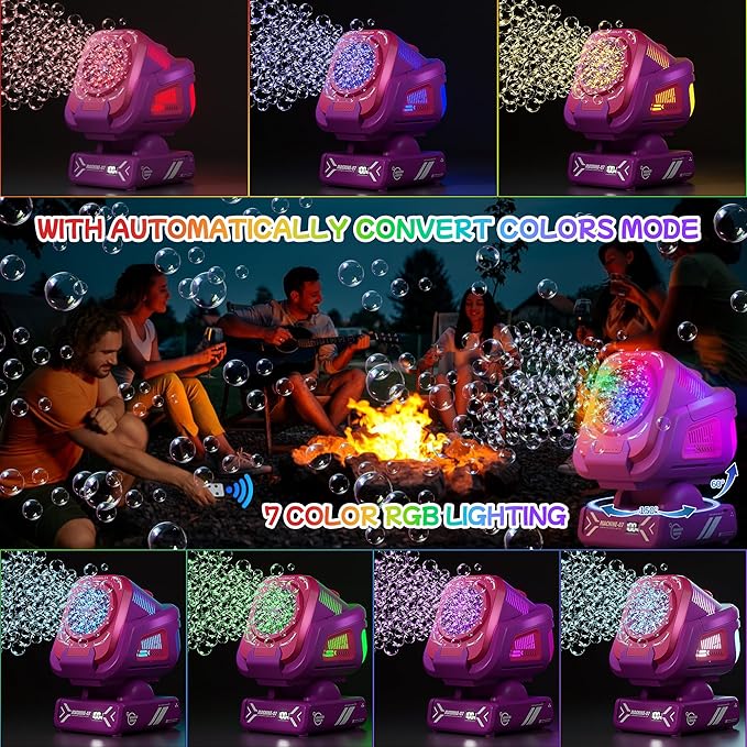 2025 Upgraded Bubble Machine with Remote Control, Automatic Rotation & RGB Lights, 1800mAh Rechargeable Battery, Type-C Charge, Bubble Maker for Kids, Weddings, Birthday Parties, Outdoor Activities-BubblyBeeBaby