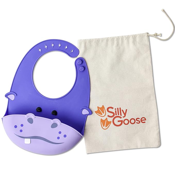 Silly Goose Silicone Animal Baby Bibs for Babies and Toddlers, Waterproof, Adjustable, Soft, Extra Wide Food Catcher Pocket (Baby Hippo)-BubblyBeeBaby