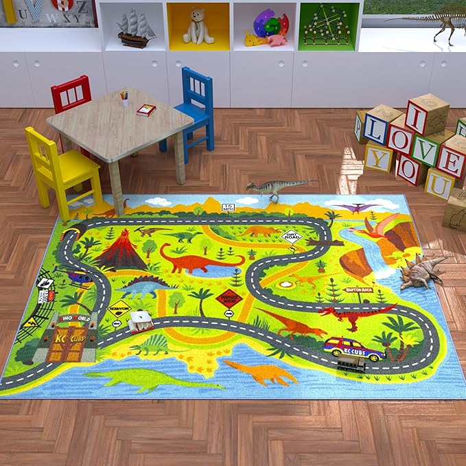 KC Cubs 3x5 Dinosaur Toy Car Dino Road Rug – Educational Play Mat Carpet for Kids, Toddlers, Nursery, Classroom, Playroom, Baby Daycare, Boys & Girls-BubblyBeeBaby