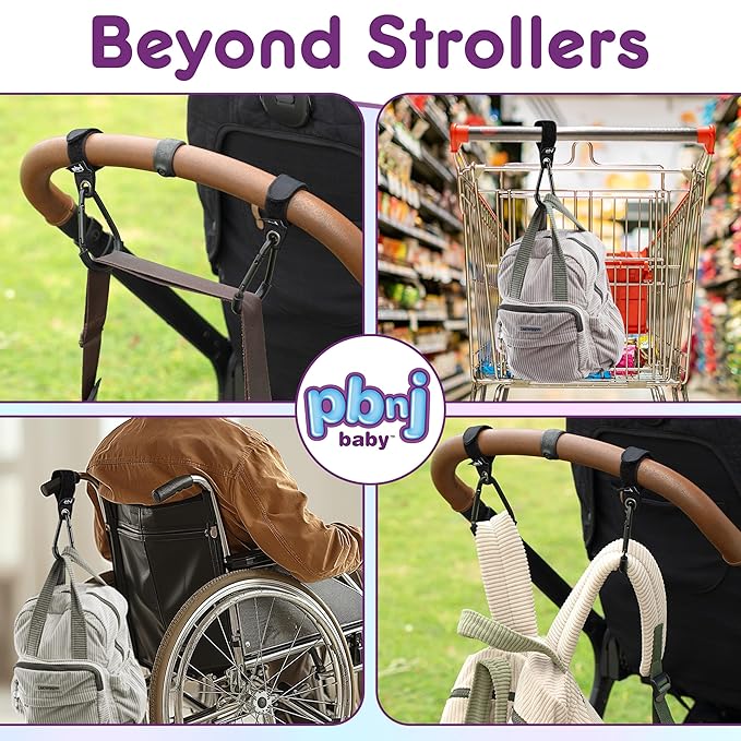 Stroller Hooks for Hanging Diaper Bags - Mommy Stroller Clip and Stroller Accessories Organizer Hook - Large Carabiner Clips for Mom Purse Shopping Grocery Bag and Accessory - (2 Pack) (Clips)-BubblyBeeBaby