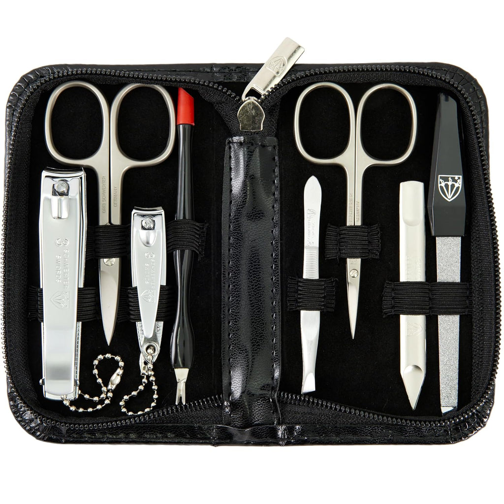 3 Swords Germany – brand quality 8 piece manicure pedicure grooming kit set for professional nail care with synthetic leather case black - Made in Germany