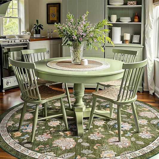 jinchan 8ft Floral Round Rug for Dining Room Washable Living Room Rug Vintage Romance Design Non Slip Indoor Floor Cover Lightweight Low-Profile Throw Carpet for Bedroom Porch Patio, Green-BubblyBeeBaby