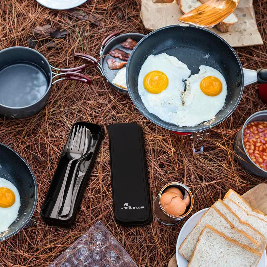 4 Picec Travel Utensils Camping utensils Travel Silverware Set with Case Fork and Spoon Set Office Stainless Steel Reusable Trip Cutlery Set Easy to journey Lightweight Lunch Box for Men