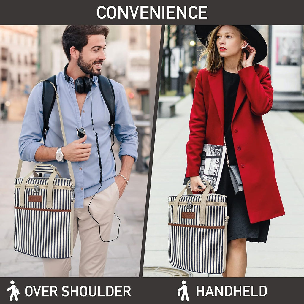 OPUX 3 Bottle Wine Carrier Tote, Insulated Leakproof Wine Cooler Bag, Wine Travel Bag Tote for Picnic BYOB Beach, Portable Wine Bottle Carrying Case, Gift for Wine Lover Women Men Christmas, Stripe