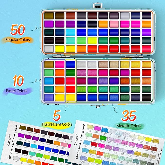 100 Colors Watercolor Paint Set with 4 Brushes, Portable Travel Water Color Kit with Carrying Case, Palette and Accessories, Non-Toxic Art Supplies Gift for Artists Adult Teen Kids Girls-BubblyBeeBaby