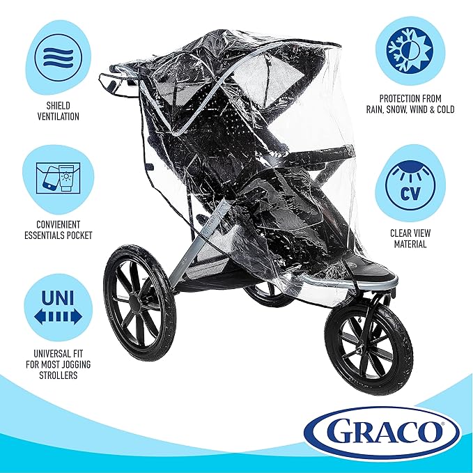 Graco Baby Jogging Stroller Universal Rain Cover, Ventilated Weather Shield, Waterproof, Windproof, Versatile Size to Fit Most Jogging Strollers, Vinyl, Clear, Plastic-BubblyBeeBaby