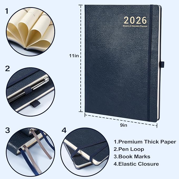 2026 Planner - Weekly and Monthly Planner 2026, JAN 2026 - DEC 2026, 8.5" x 11", Leather Cover 2026 Planners with Thick Paper, Back Pocket with Notes Pages - Blue-BubblyBeeBaby