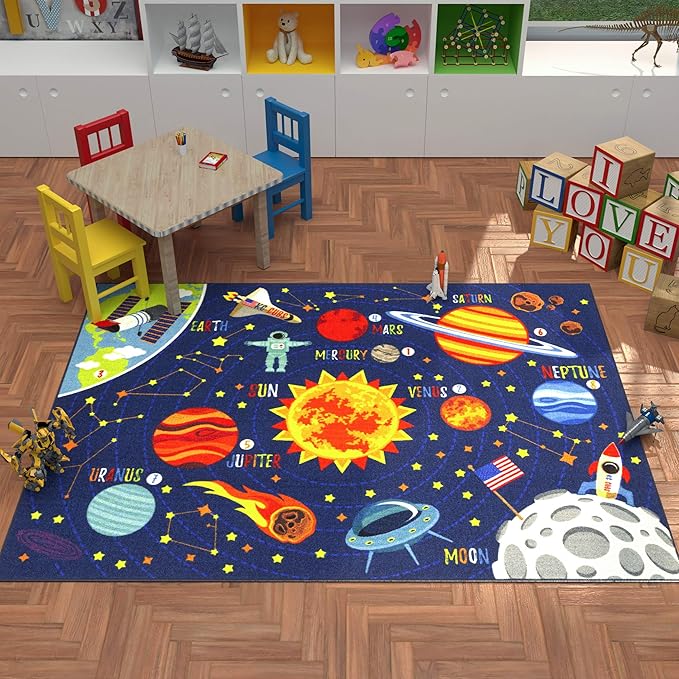 KC Cubs 8x10 Outer Space Solar System Toy Car Road Rug – Educational Play Mat Carpet for Kids, Toddlers, Nursery, Classroom, Playroom, Baby Daycare-BubblyBeeBaby