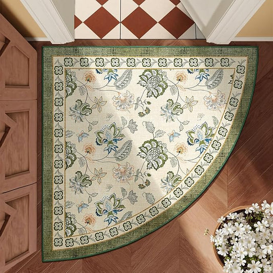 jinchan Floral Corner Rug for Entryway Washable Kitchen Rug Vintage Romance Design Non Slip Quarter Circle Lightweight Low-Pile Throw Carpet for Playroom Reading Nook Nursery, 4ft Radius, Green/Beige-BubblyBeeBaby