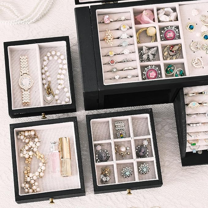 Jewelry Box Organizer, Solid Wood Jewelry Boxes for Women, Double Layer Jewelry Organizer Box Display Earring Necklace Bracelet Ring, Rustic Style Small Jewelry Box for Girls (Black)-BubblyBeeBaby