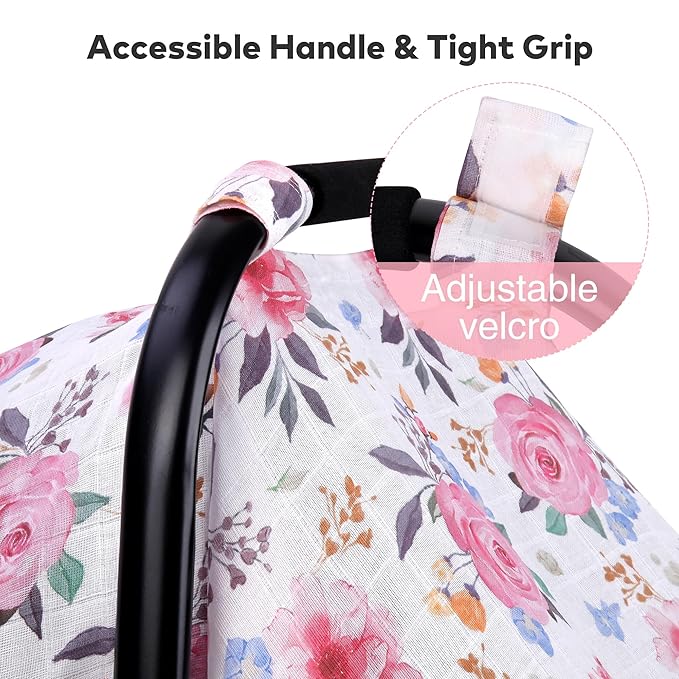 Rquite Muslin Car Seat Cover Baby, Carseat Covers Baby Girl Boy, Breathable Lightweight Infant Car Seat Cover, Baby Carrier Cover Car Seat Canopy Stroller Sun Shade for Summer & Hot Day, Universal Fit-BubblyBeeBaby