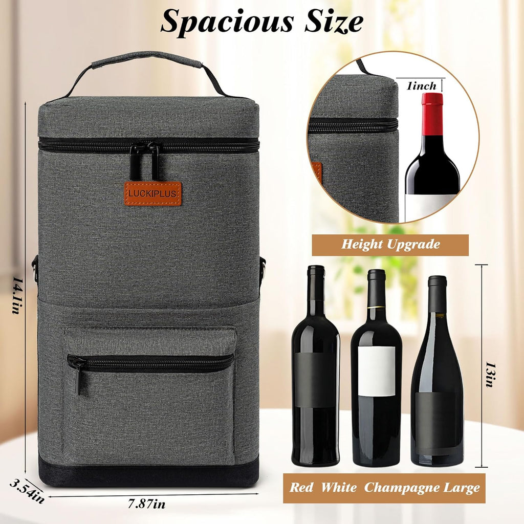 2 Bottle Wine Bag Carrier Tote, Portable Wine Cooler Bag with Padded Shoulder Strap, Versatile Liquor Case for Picnic Travel Birthday Party Coolest Gift for Women Men Wine Lovers Grey