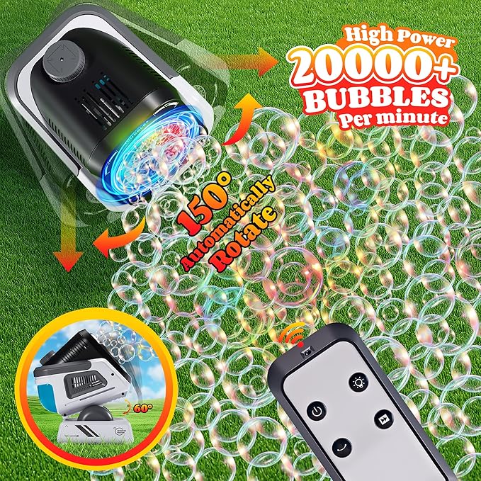 2025 Upgraded Bubble Machine with Remote Control, Automatic Rotation & RGB Lights, 1800mAh Rechargeable Battery, Type-C Charge, Bubble Maker for Kids, Weddings, Birthday Parties, Outdoor Activities-BubblyBeeBaby
