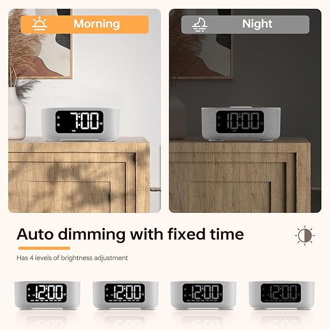 JALL Fabric Alarm Clock for Bedroom, with Big Led Screen Display, Bluetooth Stereo Sound Speaker, FM Radio, Fast Wireless Charging, USB Charging Port, Nightlight, White Noise, Ideal for Gift, Gray-BubblyBeeBaby