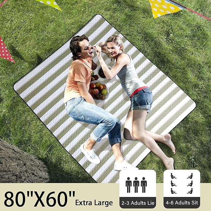 HX&OD Outdoor Picnic Blanket Extra Large, 80”x60” Waterproof Picnic Mat Foldable Camping Blanket Portable with Carry Strap for Beach Mat (Green)-BubblyBeeBaby