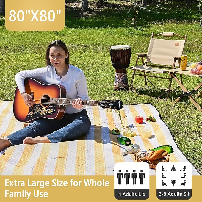 HX&OD Outdoor Picnic Blanket Extra Large, 80''*80'' Waterproof Picnic Mat with Stakes Foldable Camping Blanket Portable with Carry Strap for Beach Mat (Yellow& White, 80''*80'')-BubblyBeeBaby