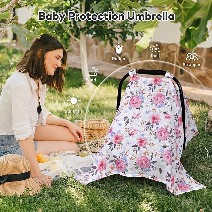 Rquite Muslin Car Seat Cover Baby, Carseat Covers Baby Girl Boy, Breathable Lightweight Infant Car Seat Cover, Baby Carrier Cover Car Seat Canopy Stroller Sun Shade for Summer & Hot Day, Universal Fit-BubblyBeeBaby