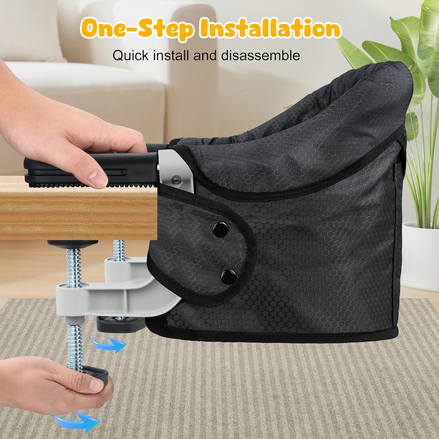 Hook On Chair, Safe and High Load Design, Fold-Flat Storage and Tight Fixing Clip on Table High Chair, Removable Seat Cushion, Attach to Fast Table Chair (Black)