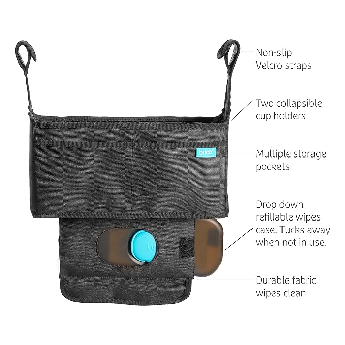 Munchkin® Brica® Stroller Organizer Bag - Universal Fit with Cup Holders and Wipes Case, Fits UPPAbaby, Evenflo, BabyTrend and more, Black-BubblyBeeBaby
