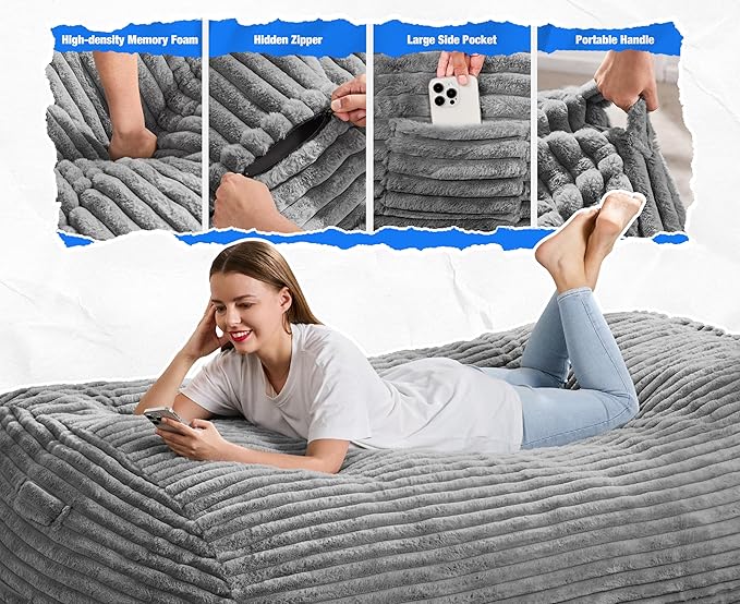 Hobestluk 6FT Bean Bag Chairs Adult Bean Bag with Portable Handle Comfy Large Bean Bag Lounge Chair with Removable Cover for Living Room Bedroom (Stripe Grey, 6FT)-BubblyBeeBaby