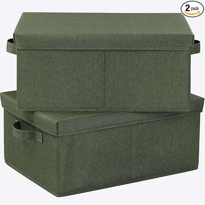 HOONEX Storage Bins with Lids for Organizing, Pack of 2, Storage Boxes with 2 Carrying Handles and Sturdy Heavy Cardboard, 16.5" L x 11.8" W x 7.5" H for Shoes, Books, Clothes, Olive-BubblyBeeBaby