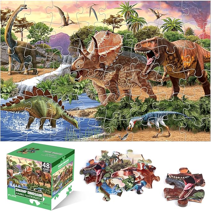 Jumbo Floor Puzzle for Kids,48 Piece Dinosaur Large Jigsaw Puzzles for Toddlers Ages 3-5,Children Learning Preschool Educational Dinosaur Toys,Christmas Birthday Gifts for Boys Girls Ages 4-8-BubblyBeeBaby