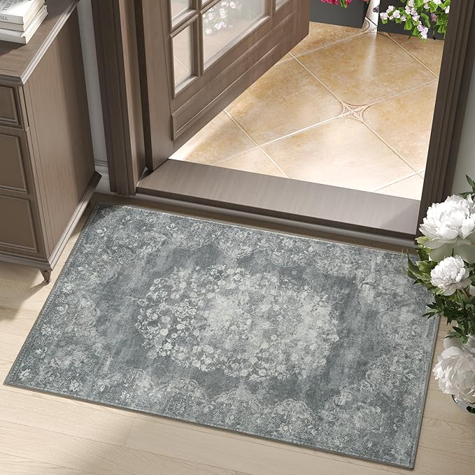 jinchan Floral 2x3 Rug for Entryway - Vintage Washable Area Rug Ultra-Thin Low Pile Soft Small Non-Slip Distressed Indoor Doormat Accent for Entrance Kitchen Bedroom Bathroom (2x3ft,Grey)-BubblyBeeBaby