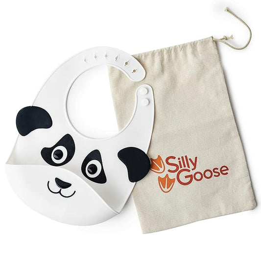 Silly Goose Silicone Animal Baby Bibs for Babies and Toddlers, Waterproof, Adjustable, Soft, Extra Wide Food Catcher Pocket (Baby Panda)-BubblyBeeBaby